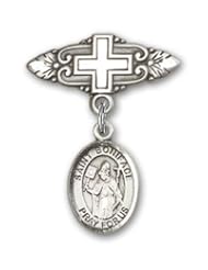 Sterling Silver Baby Badge with St. Boniface Charm and Badge Pin with Cross