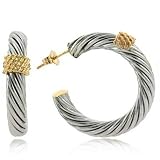 Designer Style 14K Solid Gold Sterling Silver Cable Hoop Earrings