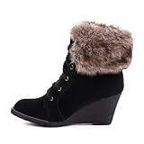 Damen Schuhe, STIEFELETTEN, KEIL WEDGES MIT SCHNÜRUNG, 6247-KA, Synthetik in hochwertiger Wild Leder Optik, Schwarz, Gr 39