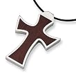 Wood and Polished Stainless Steel Cross Necklace on 18 Inch Leather Cord