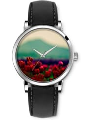 SPRAWL Aanalog Fashion Series Silver Ladies Watches of Genuine Black Leather Strap,Unique Wrist Watch for Women Girls Designed with red tulips