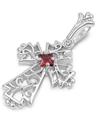 Sterling Silver Vintage Cross Garnet CZ Pendant Unique Charm Pure 925 New 21mm with 1.2mm Rope Chain