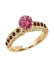 1.17 Ct Round Pink Diamond Red Garnet 925 Yellow Gold Plated Silver Ring