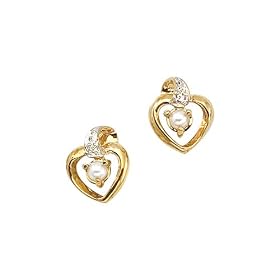 14K Yellow Gold 0.01 ct. Diamond and 3 MM Pearl Heart Earrings