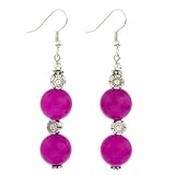 EXP Handmade Pink Ruby Quartz Dangle Earrings With Silver Flower Beads