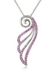 Sterling Silver and Round Created Pink Sapphire Diamond Angel Wing Pendant Necklace, 18"