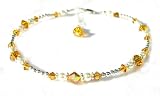 November Yellow Topaz Birthstone Sterling Silver Ankle Bracelets:Swarovski Crystal Adjustable Beaded Anklets