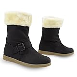 Damen Schuhe wadenhohe Damenstiefel Winterstiefel gefüttert Stiefeletten mit Fell-Schaft und Schnalle 38 schwarz