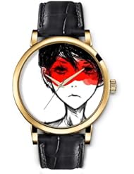 SPRAWL Aanalog Fashion Series Gold Ladies Watches of Genuine Black Leather Strap,Unique Wrist Watch for Women Girls Designed with Painted face girl