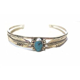 Sterling Silver And Turquoise Leaf Bracelet Handmade by Navajo Tribe Indian Silversmith