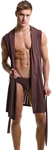 Hhying Demarkt Men's Sleeveless Hooded Bathrobe Sleepwear Robe Pajamas Khaki S