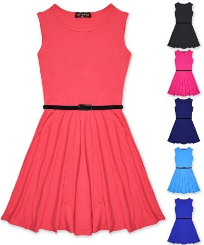 Girls Skater Dress Kids Party Dresses Belted New Age 7 8 9 10 11 12 13 Years