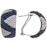 Pave Simulated Diamond CZ /Dark Blue Cubic Zirconia Zig Zag Omega Silver Earrings