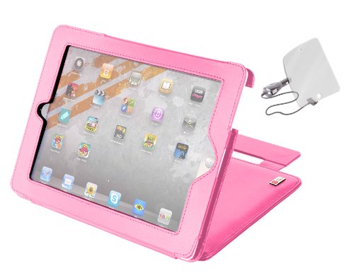 DURAGADGET Ledertasche / Schutzhülle, rosa – für das neue Apple iPad 3 / iPad 2 – verstellbare Standfunktion – integrierte Standby-Funktion + BONUS KFZ-Ladegerät & Displayschutzfolie