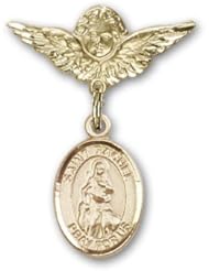 Gold Filled Baby Badge with St. Rachel Charm and Angel with Wings Badge Pin