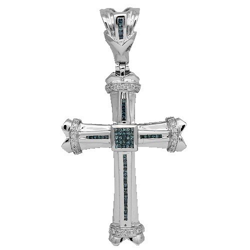 14K White Gold Mens Diamond Cross Pendant with Blue Diamonds 2.00 Ctw