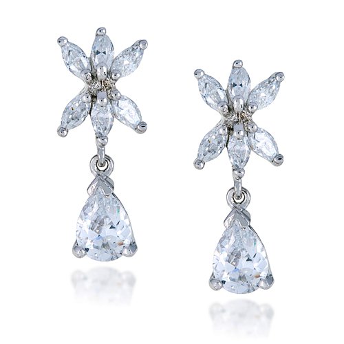 bridesmaid, Earrings, wedding, Sterling Silver Cubic Zirconia Flower w/ Pear-Shaped Drop Earrings by Cheline