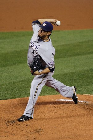Milwaukee Brewers v St. Louis Cardinals - Game Three, St Louis, MO - October 12: Yovani Gallardo Photographic Poster Print by Jamie Squire, 12x18