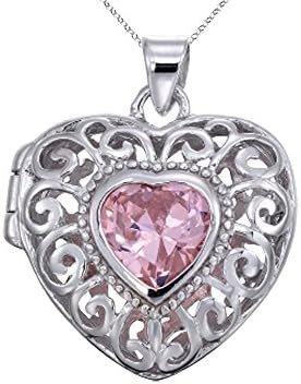 Sterling Silver Rhodium Heart Locket Pendant Necklace with Pink Heart Shape CZ Chain Included