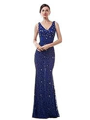 V-neck Lace  Sequined Mermaid Evening Dress/Prom Dress/Wedding Party Dress  With Pearls