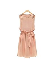 Chiffon Sleeveless Elasticized   Waistline Sheath  Lace Beaded  Dress With a Bow(s)