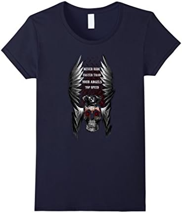 Women's Never ride faster than your angels top speed Tshirt Small Navy