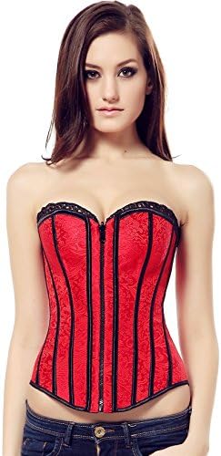 Zipper Front Zip Up Reversible Brocade Overbust Lace Up Corset Bustier Top Red XXL