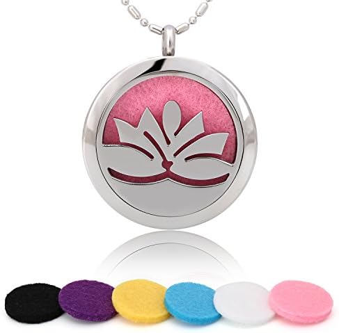 Aromatherapy Essential Oil Diffuser Necklace, Stainless Steel Locket Pendant with 6 Color Felt Pads, 24"