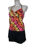 Womens Beach Bay Tankini Skirtini Swimsuit - Swimwear - Coral yellow black Size 8-18