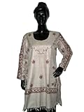 IMAGE OF Designer Silk Blend Kurti Bright Grey Embroidered Womens Tunic Top Size M