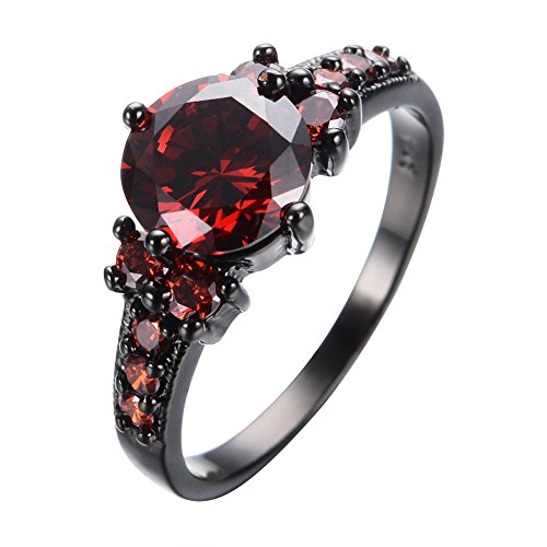 Junxin Round Cut Ruby Red January Birthstone Rings Women Black Gold Plated Light Weight Size6/7/8/9/10