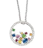 14K White Gold Open Circle-Shaped Designer Pendant, Enhanced with Bezel Set Precious Stones and Pave Set Diamonds, Sliding on a 16'' Cable-Chain Necklace.(GH-Color, SI-Clarity; c.t.t.w 0.17CT, Precious Stones 0.77CT)