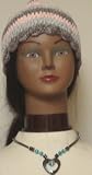 Hand Crocheted Pink Grey Blue Multi Stripe Chenille Gimp Skull Cap Offered with Antique Silver Plated Beaded Short Chain Necklace