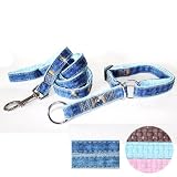 "Fab Denim" Soft Leather Padded Soft Leather Padded Slip-on Dog Collar & Leash Set - Medium, Blue