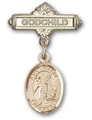 14K Gold Baby Badge with St. Fiacre Charm and Godchild Badge Pin