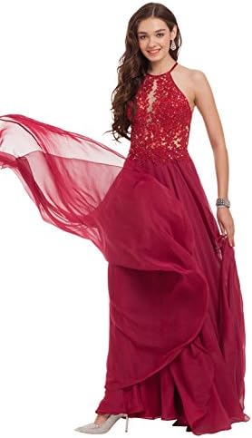 GLAM UNION Floor Length Halter Chiffon Lace Prom Evening Dresses Wine 8