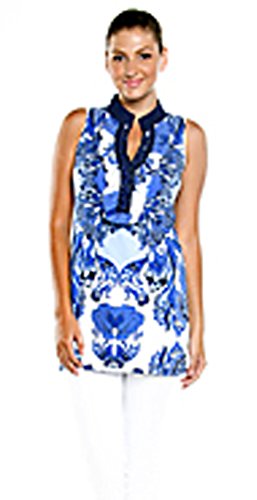 Joyous & Free – Blue Orchid, 3/4 Slv Tunic Mini Dress V-Neck Collar Side Pleats