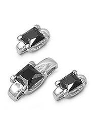 Sterling Silver Elegant Square Design Pendant and Earrings Jewelry Set with Black CZ