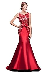 Satin Belted Lace Scoop Neck Mermaid Evening Dress 