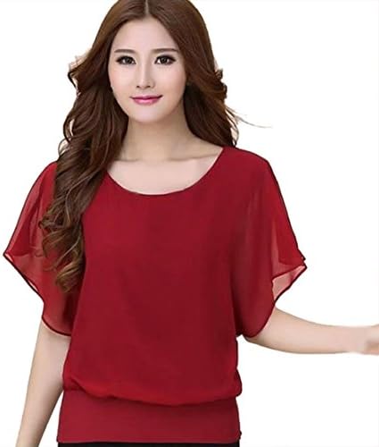 Towallmark(TM)Women Batwing Sleeve Flouncing Chiffon T-Shirt (Asia XL=US L, Red)