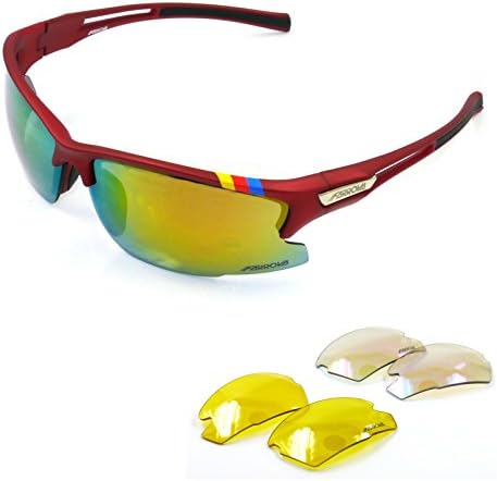 AX515 Sports Sunglasses with 3 Set Interchangeable Lenses (Main Lenses are Revo Plated Film Non-Polarized Lenses, Yellow Lenses Night Vision and Crstal Clear Lenses) for Cycling, Fishing, Driving, Golf, Running and All Outdoor Activities, Shatterproof Flexible TR90 Frame