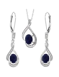 14K White Gold Natural Lapis Lever Back Earrings & Pendant Set Diamond Accent