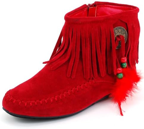 Forever Womens Fringe Moccasin Boots Red Faux Suede Flat Heel Feather Pull on 5.5 M US