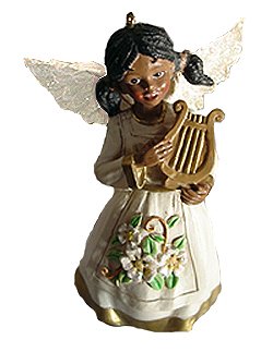 African American Angel Girl Playing Harp Religious Christmas Ornament #W20072