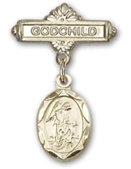 Gold Filled Baby Badge with Guardian Angel Charm and Godchild Badge Pin
