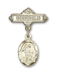 14K Gold Baby Badge with Guardian Angel Charm and Godchild Badge Pin