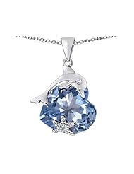 Original Star K (tm) Lucky Dolphin and StarFish Pendant with Heart Shape Simulated Aquamarine in 925 Sterling Silver