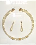 Two Strand Simulated Ivory Pearls Choker Necklace Ear Rings for Women and Teens