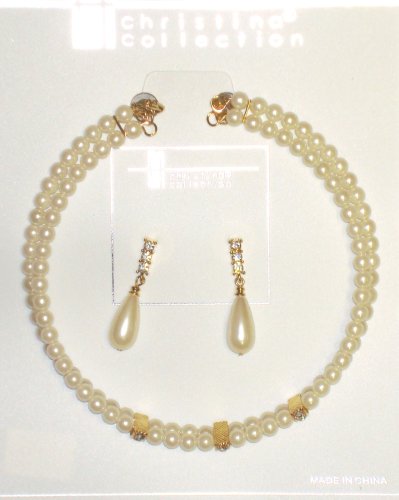 Click here to buy Two Strand Simulated Ivory Pearls Choker Necklace Ear Rings for Women and Teens.