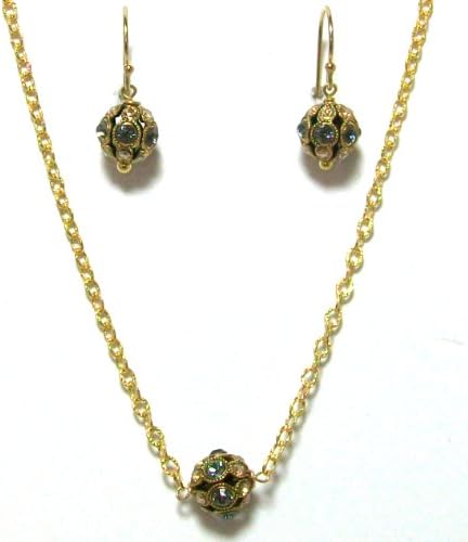 Pearlstone 14K Gold Filled Vintage Inspired Pave Crystal Ball Strand Necklace With Black Diamond and Clear Swarovski Crystals With Matching Earrings